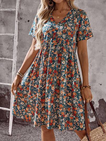 EMERY ROSE 女士花卉印花V领短袖休闲迷你连衣裙，适合节日穿着