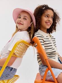 Tween 女童休闲条纹纽扣短袖针织上衣 - 黑與白 - 查看 3