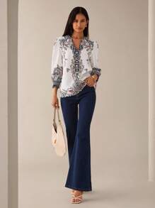 Lilora Bluză elegantă cu guler crestat și imprimeu floral pentru femei, bluze și cămăși, bluze occidentale pentru femei, cămăși boho, stil urban, timp liber urban, romantic și elegant, pentru ieșiri în oraș - Multicolor - Vizualizare 3