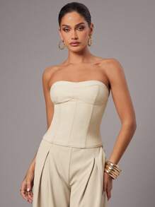 Silquee 女士夏季纯米色抹胸上衣，修身时尚露脐双层拉绒后背衬里，高端上衣，适合办公室、商务休闲、约会等场合穿着，百搭上衣，束身胸衣，无肩带上衣，抹胸上衣 - 米色 - 查看 3