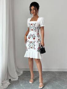 Rafferiza Đầm midi cổ vuông in hoa tay ngắn cho nữ, thanh lịch mùa hè - trắng - Xem 6