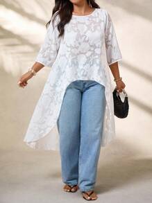 EMERY ROSE Blusa casual de mujer talla grande con estampado de peonía, semitransparente y con bajo asimétrico, para verano