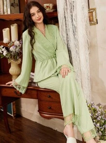 Côtesoire French Romantic Lace Patchwork Tied Pajama Set For Women Cozy And Elegant Details, Fall Winter Clothes - Green - View 4