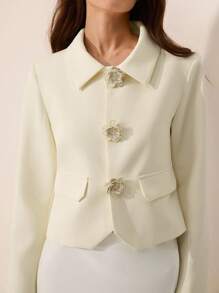 Revavyn White Collar Ornate Metal 3D Floral Button Embellished Elegant Versatile Short Sleeve Mini Formal Blazer Fall Cloth For Women - Yellow - View 6