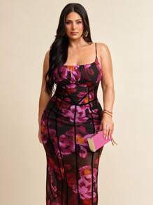 SHEIN BAE 大码女式优雅紫色花卉印花雪纺连衣裙，春夏 - 紫色 - 查看 1