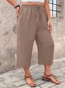 EMERY ROSE Plus Size Women Casual Textured 3/4 Pants, Comfortable Daily Wear, Spring Summer Resort Style - Chocolate Brown - View 3