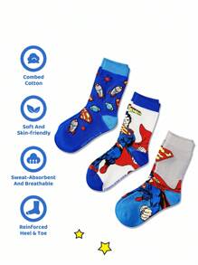 SUPERMAN X SHEIN 3 双棉质条纹卡通男童中筒袜，加固脚趾和脚跟，经久耐用，适合上学和日常穿着，蓝色