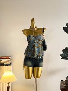 SHEIN EZwear 女士休闲复古紧身娃娃衫，胸部褶皱，抽绳领带，适合夏季，复古，Y2K 风格，佩斯利印花 - 彩色 - 查看 8