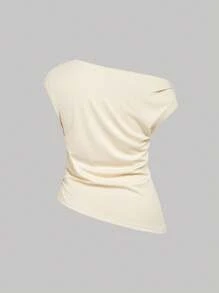 SHEIN MOD Plus Size Mustard Yellow One Shoulder Top Casual Knitted Asymmetrical Neck Short Sleeve Summer Top For Curvy Women - Mustard Yellow - View 2