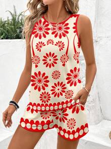 SHEIN LUNE Set de 2 piezas de top sin mangas y shorts con estampado floral talla grande, ropa de vacaciones - Amarillo - Ver 2