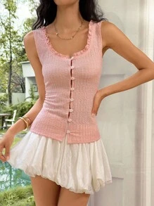 Rafferiza French Countryside Square Neck Sleeveless Button Trim Ruffle Hem Women Casual Tank Top, Spring/Summer - Pink - View 3