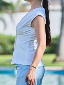 Andrea Bello Women's Plain Simple High Waist Straight Leg Trousers - Blue - View 3