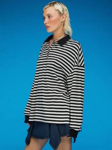 COUREZ 超大春季黑色条纹长袖 Polo 衫/Y2K 街头潮流秋季女装外出上衣可爱上衣 - 黑色 - 查看 5