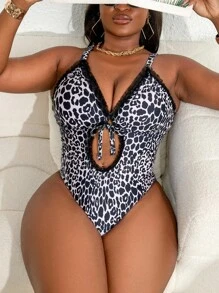Slaydiva 1pc Sexy Leopard Print Hollow Out Backless Lace Trim Halter Neck Plus Size Swimsuit For Women