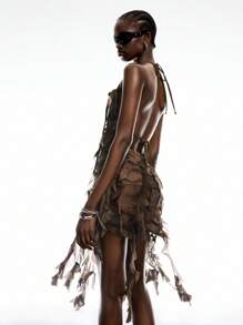 LYSMO 2025 New Arrival Spring-Summer Women's Post-Apocalyptic Style Vintage Distressed Tie-Dye Print Ruffled Asymmetrical Long Slim Halter Neck Camisole For Vacation Outfits And Vintage Casual Partywear