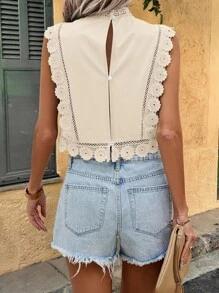 SHEIN LUNE 女士夏季休闲花朵刺绣拼布水溶蕾丝无袖衬衫女衬衫 - 卡其色 - 查看 2