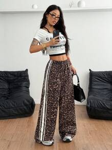 Coolane 女士街头服饰夏季外出街头牛仔豹纹图案条纹阔腿松紧腰带裤 - 彩色 - 查看 4