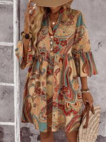 EMERY ROSE 波西米亚风多色 A 字短裙，荷叶边袖和印花佩斯利印花连衣裙波西米亚风连衣裙女式嬉皮连衣裙长袖波西米亚风连衣裙女式夏季佩斯利连衣裙 - 彩色 - 查看 6