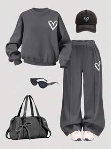 SHEIN Girlism Tween Girls Casual Heart Print Knit Solid Color Loose Drop Shoulder Long Sleeve Hoodie And Wide Leg Sweatpants Set