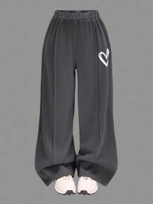 SHEIN Girlism Tween Girls Casual Heart Print Knit Solid Color Loose Drop Shoulder Long Sleeve Hoodie And Wide Leg Sweatpants Set