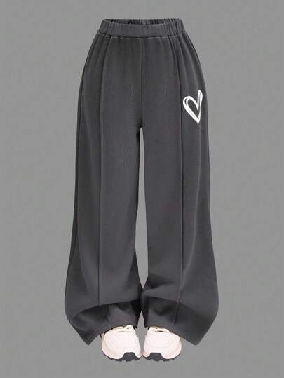 SHEIN Girlism Tween 女童休闲心形印花针织纯色宽松落肩长袖连帽衫和阔腿运动裤套装