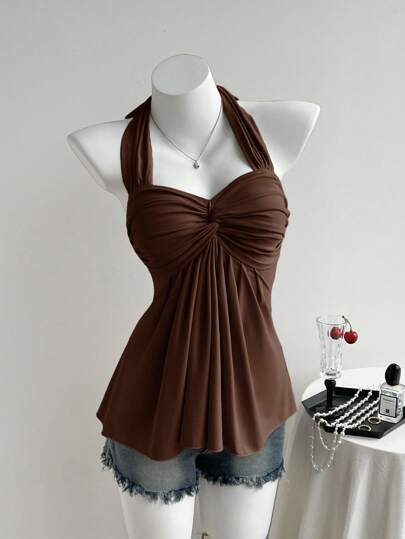 Comfortcana 加大码杏色扭纹后背交叉细肩带休闲背心