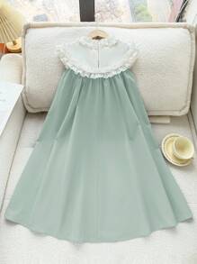 SHEIN Tween-Mädchen Ärmelloses Lässig Kleid in A-Linie mit Farbblock-Muster und Rüschenbesatz