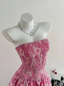 Chiquease Women Paisley Print Tiered Ruffle Bandeau Summer Vacation Dress - Baby Pink - View 4