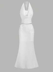 Glamine Sexy Neck-Tie Backless Bodycon Sequin 2-Piece Set, Suitable For Dates, Vacation, Summer - White - View 3