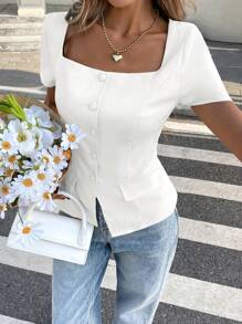 Easowa Camisa sin mangas de unicolor clásica, con cuello, de manga corta, con diseño de moneda vintage, apropiada para usar en la oficina en primavera/verano