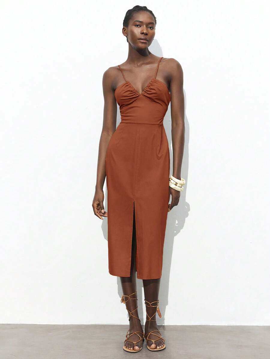 Maija 2025 秋冬新款棕色系带蝴蝶结前开衩设计连衣裙，优雅都市浪漫朴素乡村音乐节复古机场旅行婚礼宾客生日万圣节商务休闲办公室约会派对外出机场装性感连衣裙优雅圣诞节 - 鏽棕色 - 查看 1