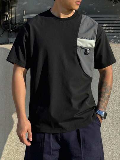 青少年男孩混搭拼色休闲 T 恤，面料柔软舒适时尚学院街头服饰，适合日常、学校、户外运动