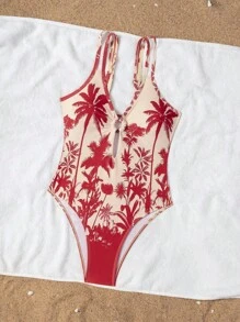 Swim Chiccia 女士热带棕榈树印花露背连体泳衣，可调节肩带，修身高开叉，适合海滩度假 - 彩色 - 查看 5