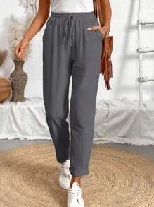 Calvaya Pantalon long décontracté unicolore pour femme avec ceinture à nouer à la taille et poches