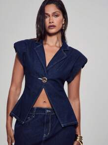 Denimoi Collared Button Front Denim Vest Top, Cinched Waist Denim Top, Denim On Denim, Office Style, Sophisticated Top, Cinched Waist Top, Office Tops, Fashionable, Brunch Tops, Brunch Outfits - Dark Wash - View 1