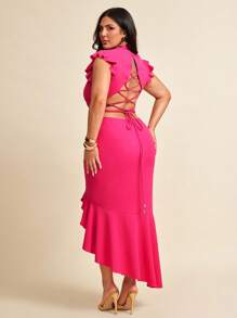 SHEIN BAE Robe moulante d'été à grande taille, col V profond sexy, dos croisé, ourlet asymétrique volupté, rose/rouge rose, tenue pour femmes
