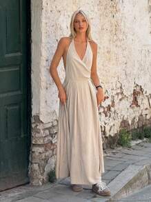 SHEIN ICON Linen Halter Neck Tie Backless V-Neck Vacation Style Minimalist A-Line Maxi Dress For Women - Khaki - View 3