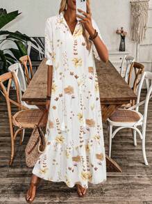 EMERY ROSE V领花卉印花荷叶边下摆优雅休闲度假连衣裙，配有抽绳 - 彩色 - 查看 1