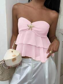 MainGRL Summer Casual Vacation Ruched Chest Metal Ornament Decor Tube Top