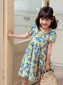 SHEIN Váy tay bồng họa tiết hoa xanh thường ngày cho bé gái - Nhiều màu - Xem 5