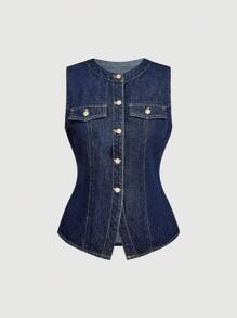 SHEIN MOD 女式休闲街头时尚翻盖细节修身无袖牛仔上衣，夏季