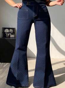 Dazy Plus Dark Wash Blue Double-Breasted Collar Elastic Slim-Fit Flare Leg Jeans, All Season - Dark Wash - View 1