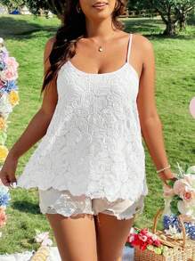 SHEIN LUNE 大码女式宽松时尚腰果蕾丝吊带背心 - 白色 - 查看 6