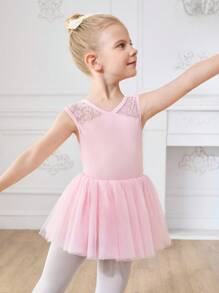 Vestito da ballerina con tutu in pizzo rosa senza maniche per ragazze, body da danza estivo