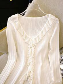 Franclia New French Romantic Ruffle Hem V-Neck Bell Sleeve Asymmetrical Women's Knit Cardigan, Spring/Autumn Knit Pullover Fall Winter - White - View 6