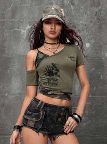 ROMWE Grunge Punk Y2K Junkpunk Retro Eye Print Letter Patchwork Camouflage Asymmetrical Neck T-Shirt For Women