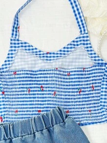 2 件套青春期前女童蓝色格纹樱桃印花细肩带上衣搭配蓝色牛仔水洗樱桃印花褶边裙 - 藍色 - 查看 5
