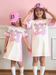 Girls Casual & Fashionable LA 23 Stripes Slogan & Letter Print Short Sleeve T-Shirt Dress, Sibling Outfits Matching Set (2pcs Sold Separately) Girls Sport Dress Baseball Dress Kids Clothes Girls Girls Pink Dress Girls Jersey Dress