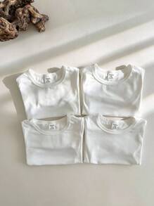 SHEIN Vintaside Kids 4pcs Baby Boy White Round-Neck Long-Sleeved T-Shirts Set,Autumn Winter Basic Date Casual Multi-Pieces Comfortable Versatile Spring Tops - White - View 7