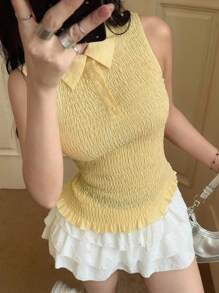 INAWLY ملابس علوية نسائية كاجوال لون أحادي بياقة مستديرة، رشيقة القصة، للصيف - أصفر - مشاهدة 2